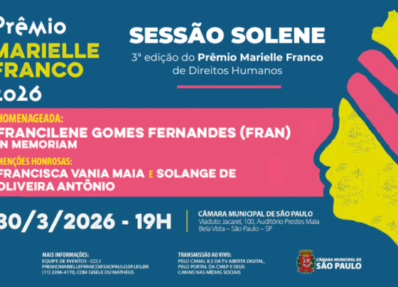 Banner do Prêmio Marielle Franco 2026 em tons azul, rosa e amarelo, com silhueta lateral de rosto feminino. Texto: “Sessão Solene – 3ª edição do Prêmio Marielle Franco de Direitos Humanos. Homenageada: Francilene Gomes Fernandes (Fran) in memoriam. Menções honrosas: Francisca Vania Maia e Solange de Oliveira Antônio. 30/3/2026 – 19h, Câmara Municipal de São Paulo.”