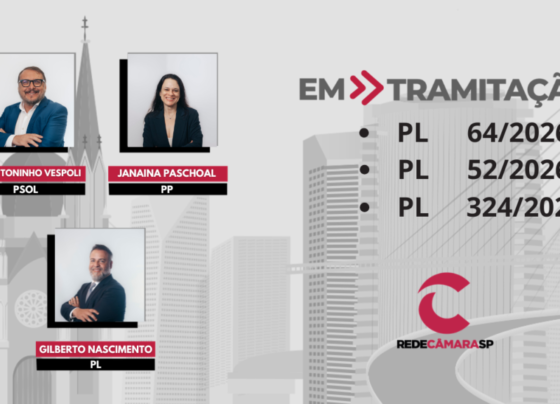 Banner com fotos de três vereadores identificados por nome e partido, texto “EM TRAMITAÇÃO” e lista de três projetos de lei. Fundo cinza com ilustração de prédios e ponte estaiada; logo Rede Câmara SP na parte inferior.