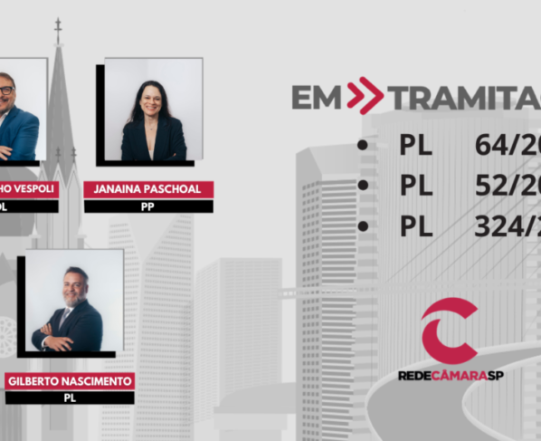 Banner com fotos de três vereadores identificados por nome e partido, texto “EM TRAMITAÇÃO” e lista de três projetos de lei. Fundo cinza com ilustração de prédios e ponte estaiada; logo Rede Câmara SP na parte inferior.