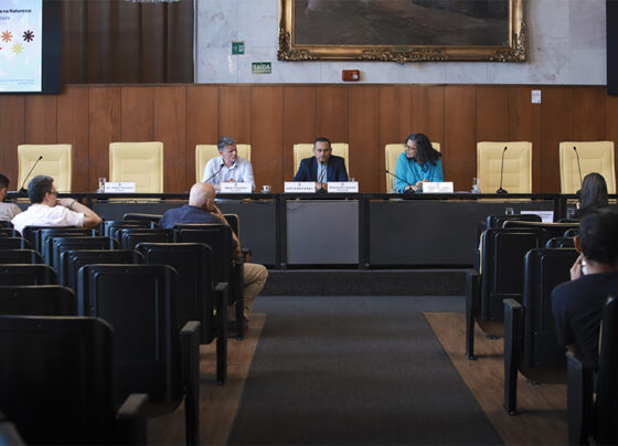 Imagem de uma mesa de audiência com três pessoas sentadas e microfones. Placas de identificação à frente. Auditório com público pequeno, cadeiras pretas, parede de madeira e quadro grande ao fundo. Luz natural suave.