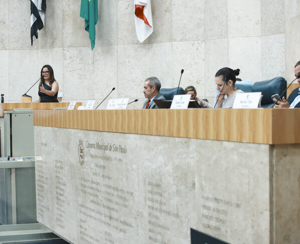 Foto de plenário da Câmara Municipal de São Paulo. Pessoas sentadas em mesa alta, mulher fala ao púlpito. Ao fundo, parede clara com bandeiras do Brasil, São Paulo e cidade. Ambiente bem iluminado e formal.