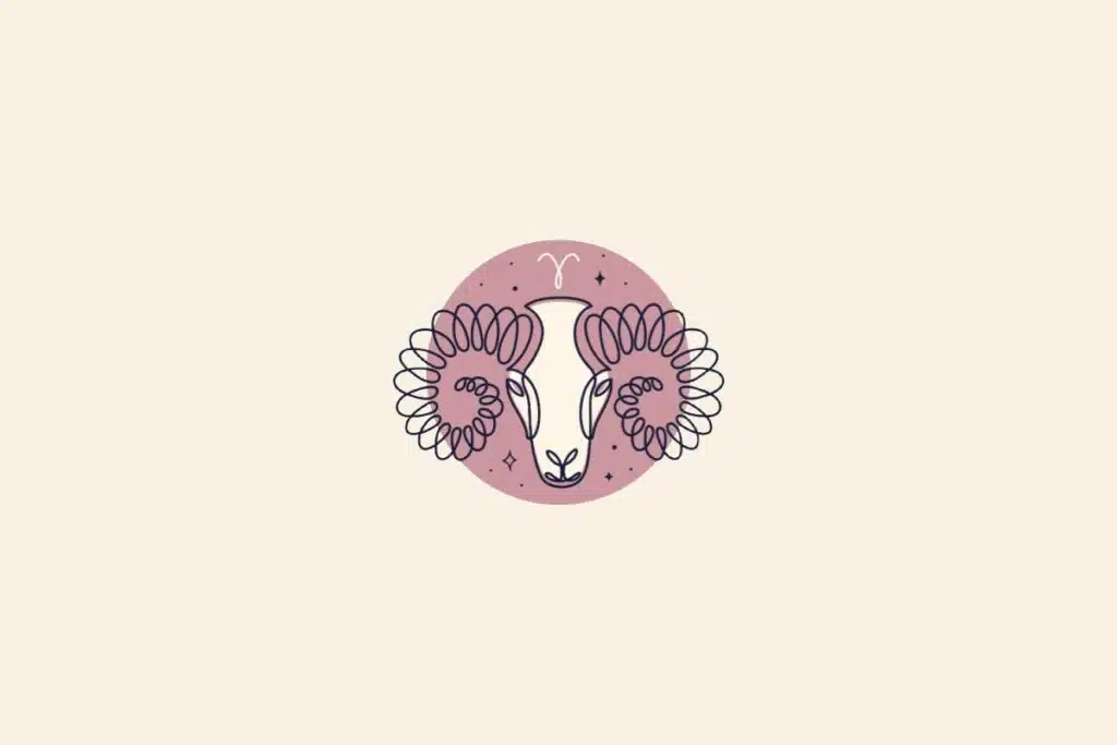 Desenho de um carneiro dentro de um círculo rosa. Fundo bege e símbolo do signo de áries acima