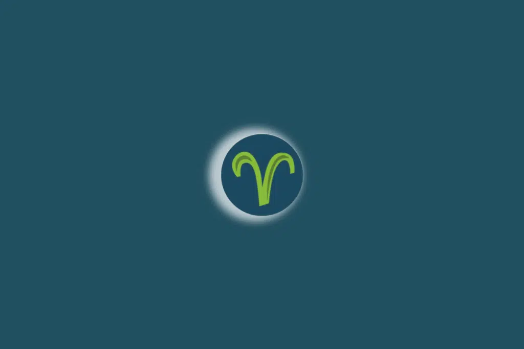 Ilustração do símbolo do signo de áries com luz branca ao redor. Fundo verde-escuro