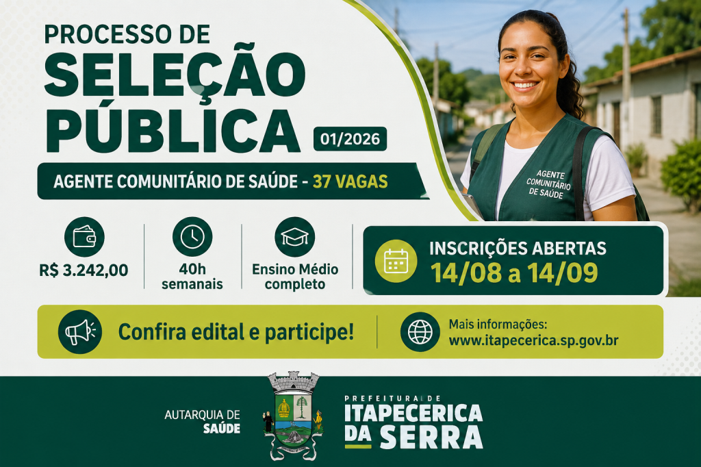 Autarquia Municipal de Saúde abre inscrições para Processo de Seleção Pública com 37 vagas para Agente Comunitário