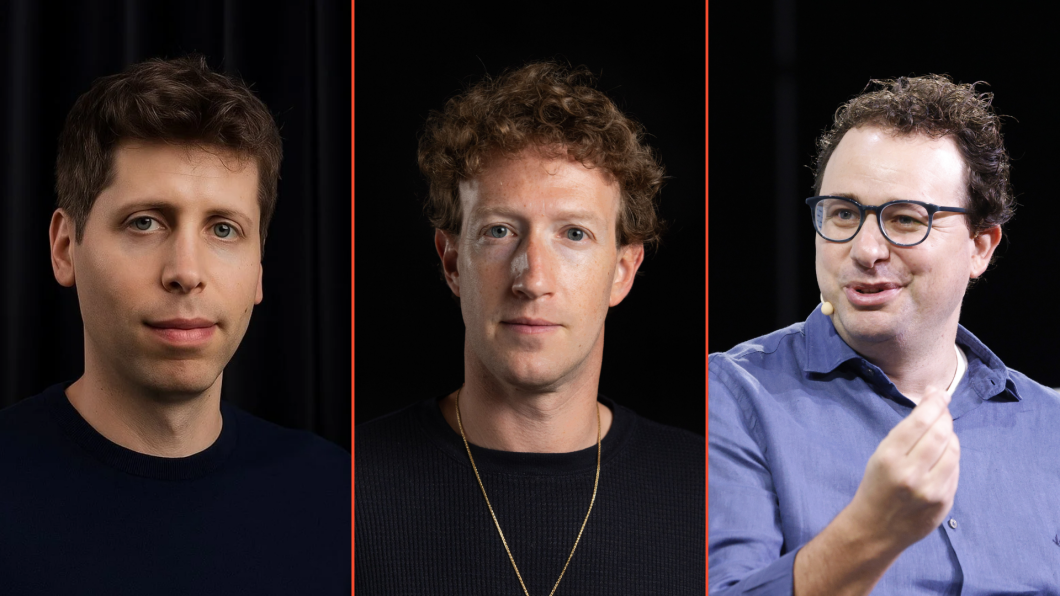 Foto de executivos de tecnologia. Da esquerda para a direita, Sam Altman, Mark Zuckerberg e Dario Amodei