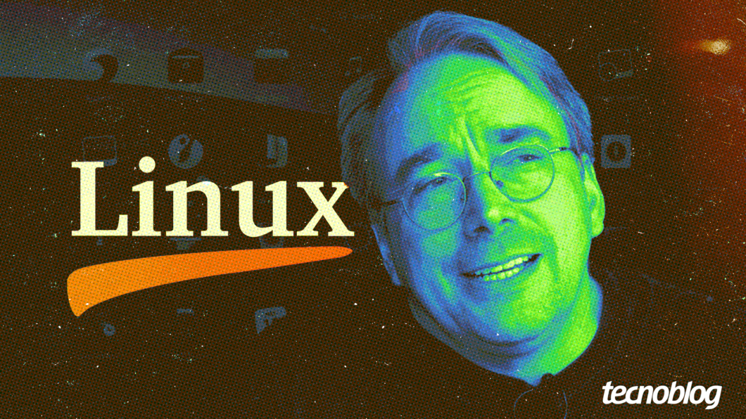 Arte exibe Linus Torvalds, o criador do Linux, em destaque. Ele aparece à direita, com óculos e um semblante sorridente, iluminado por tons de verde e azul. À esquerda, em letras brancas grandes, está a palavra "Linux" sobre uma forma laranja que simula um traço de pincel. O fundo escuro apresenta pequenos pontos e elementos em pixel art, lembrando uma interface antiga de computador. No canto inferior direito, a marca d'água "tecnoblog" é visível.