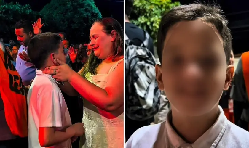 Um menino com problema de audição emocionou uma multidão ao testemunhar que foi curado durante uma cruzada da missão Aviva. Foto: Reprodução/Instagram/Leonardo Braga