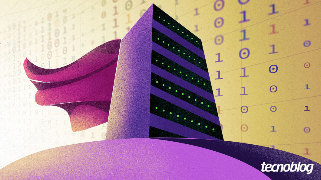 Ilustração mostra um servidor de data center com uma capa de super-herói. Ao lado, números 0 e 1, simbolizando a sequência binária. Na parte inferior direita, o logotipo do "tecnoblog" é visível.