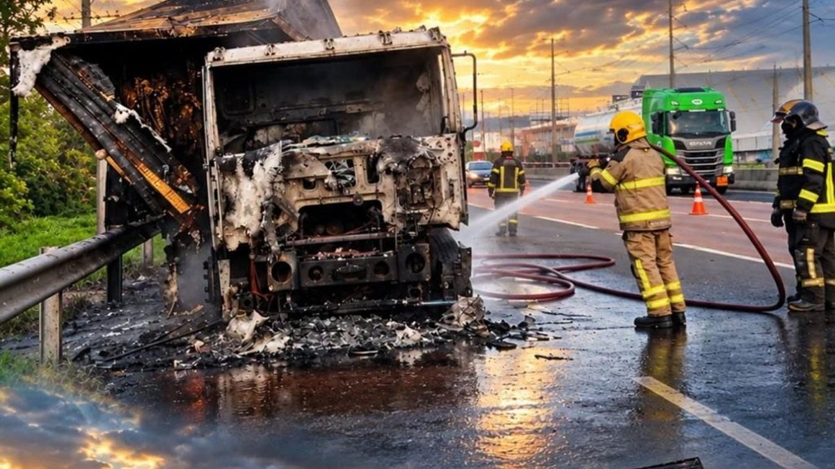 Caminhão carregado com 3 toneladas de carne pega fogo perto da Arena do Grêmio e bloqueia freeway 2