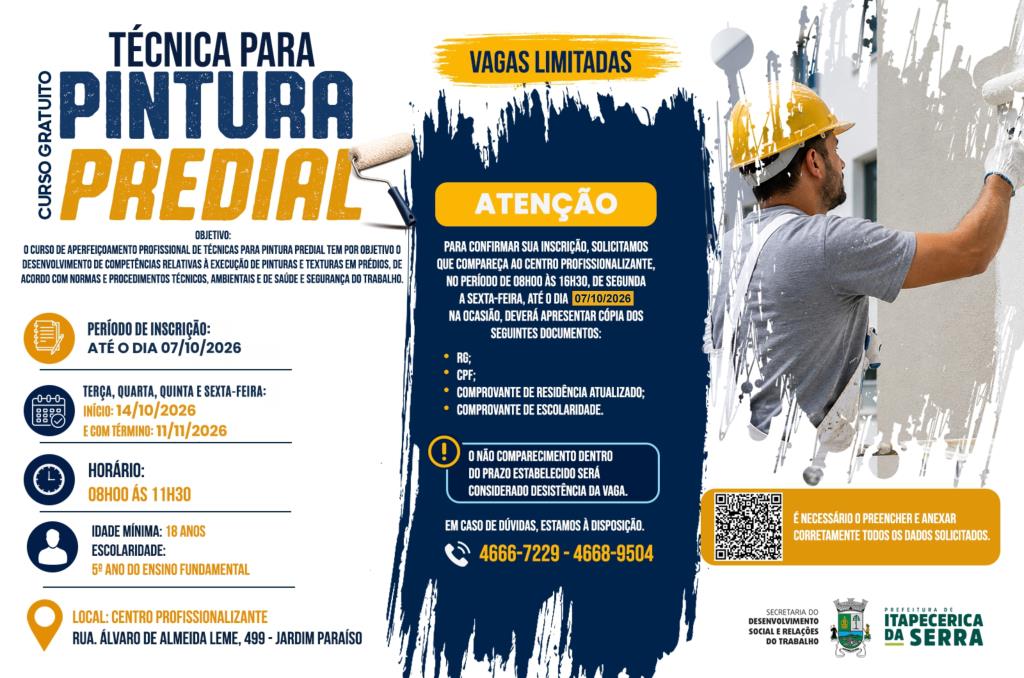 Continuam abertas as inscrições para curso de Técnicas para Pintura Predial