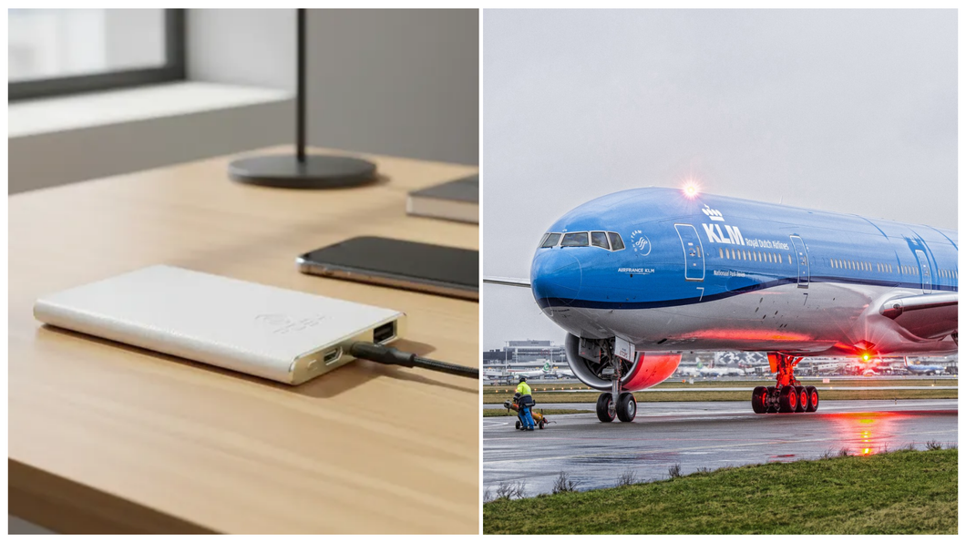 Imagem mostra uma colagem com a foto de um power bank branco sobre uma mesa e um avião azul da KLM