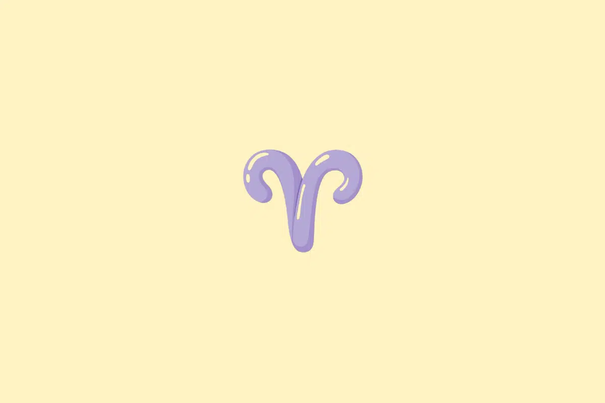 Ilustração do símbolo do signo de Áries, representado por dois arcos curvos que formam o desenho característico dos chifres, em tom lilás, sobre um fundo amarelo-claro.