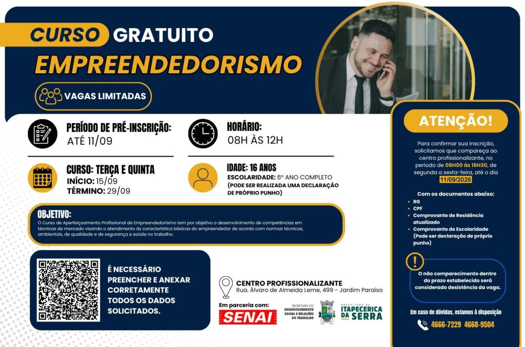 Inscrições Abertas: Centro Profissionalizante oferece capacitação gratuita em Empreendedorismo