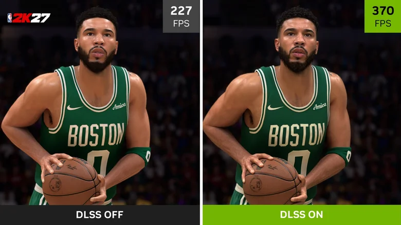 Imagem mostra dois takes do jogo NBA 2k27 sem e com o recurso DLSS 5  da Nvidia ativado, respectivamente