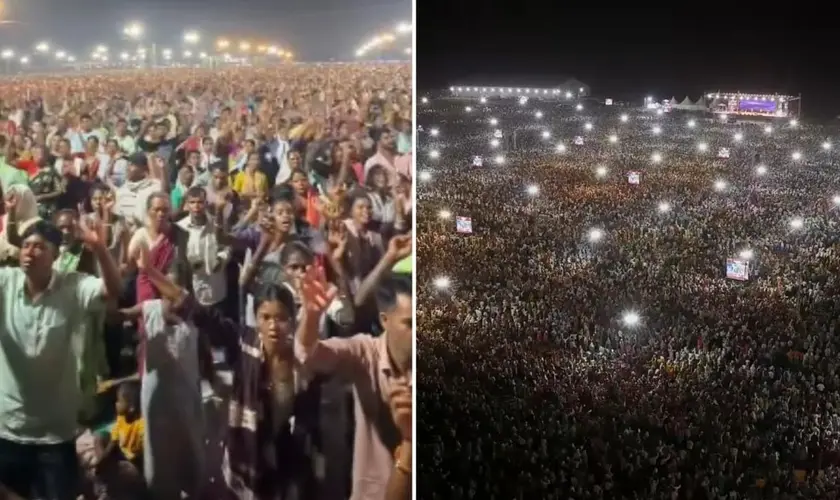 Cruzada na Índia reúne milhares para adorar Jesus, com relatos de curas e testemunhos durante o evento em Jharkhand. Foto: Reprodução/YouTube/Ankit Sajwan Ministries/Reprodução/Instagram/foljchurch