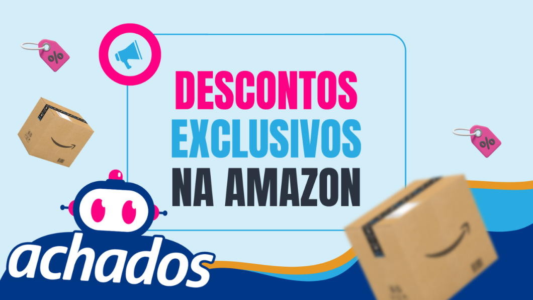 Imagem mostra caixas de compras voando e texto dizendo "Descontos exclusivos na Amazon"