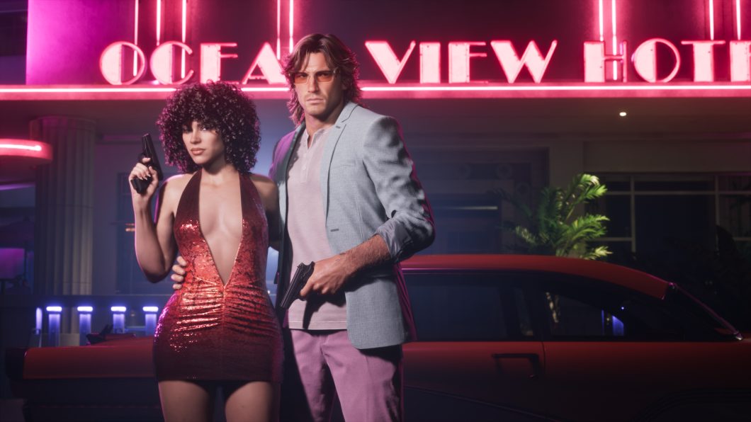 Imagem de divulgação mostra os protagonistas de GTA 6 Lucia e Jason com roupas retrô, estilo Vice City
