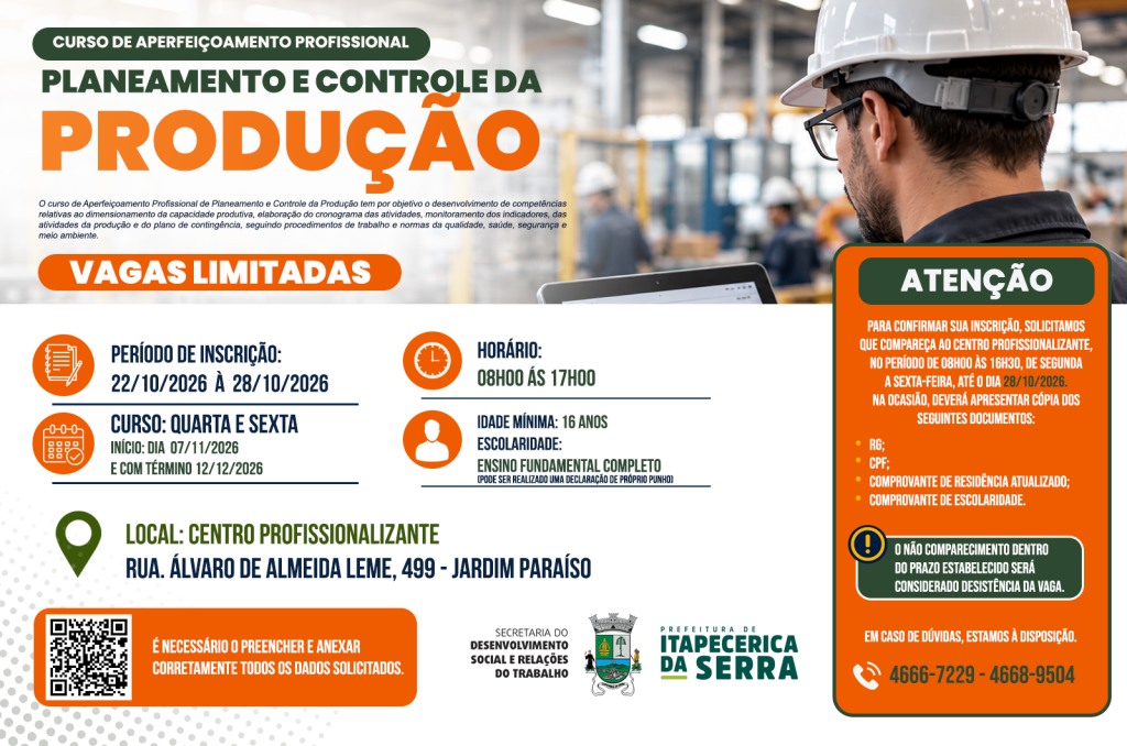 Itapecerica da Serra abre pré-inscrições para curso de Planejamento e Controle da Produção