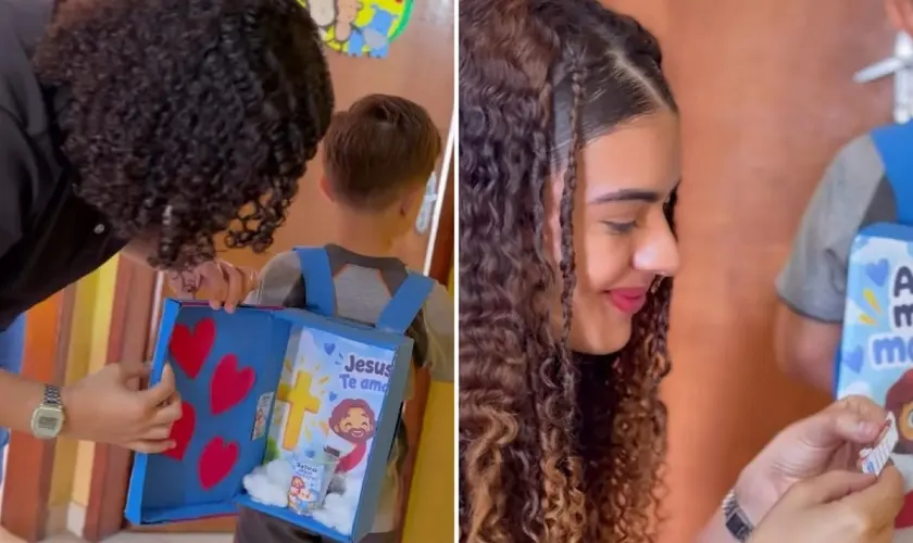 Menino cristão transforma atividade escolar em evangelismo com distribuição de versículos e mensagens sobre o amor de Jesus. Foto: Reprodução/Instagram/Cynthia Ferreira