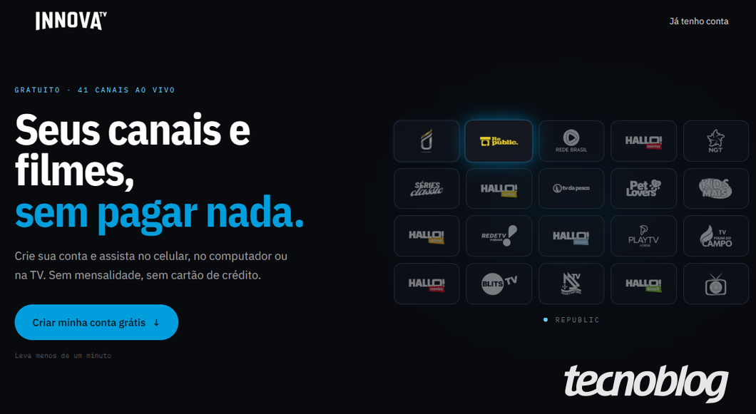 captura de tela da tela de cadastro da Innova TV