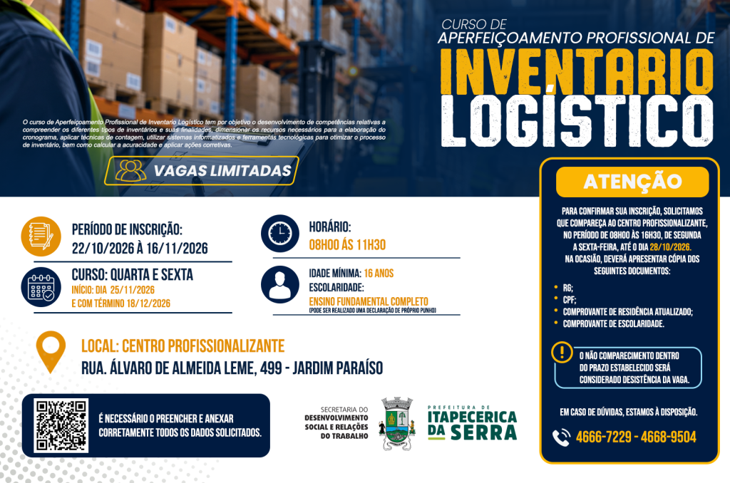 Prefeitura oferece curso de Inventário Logístico para quem busca qualificação profissional