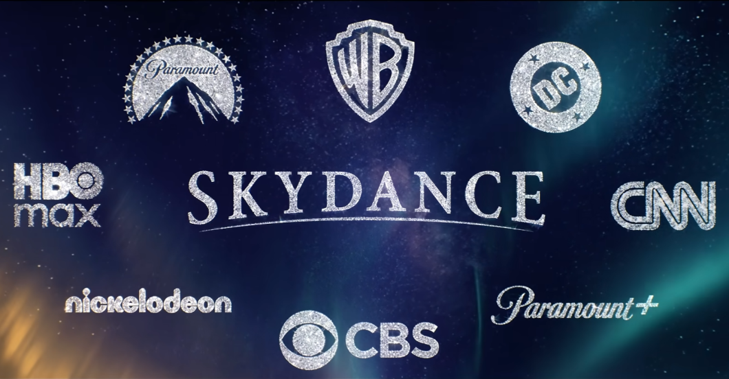 Logo da Skydance cercado de marcas de suas subsidiárias, como Warner Bros, HBO Max e Paramount