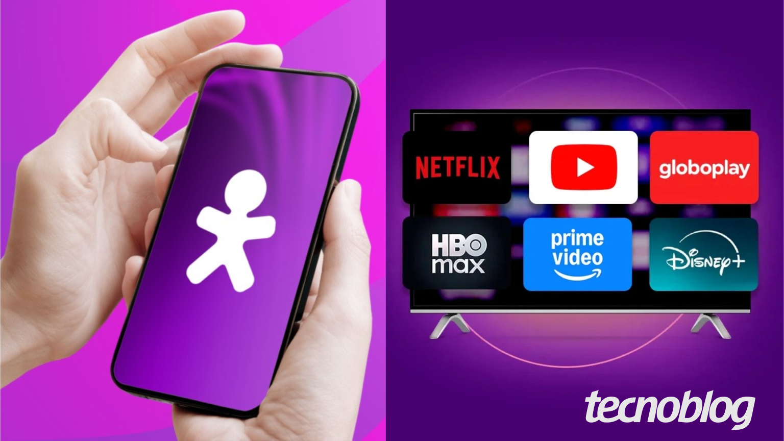 Imagem mostra, à esquerda, um celular com o logo da operadora Vivo ao centro, em um fundo de cor roxa e, à direita, uma televisão com o logotipo dos streamings Netflix, YouTube, globoplay, HBO Max, Prime Video e Disney+