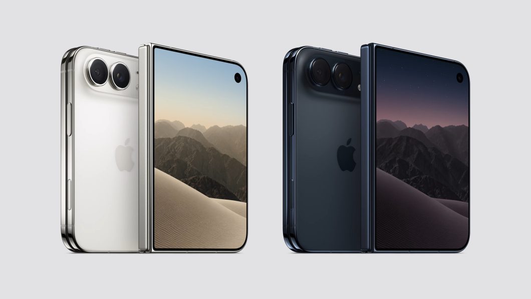 Imagem promocional mostra dois iPhones dobráveis lado a lado em um fundo de cor branca. À esquerda, um iPhone Duo branco. À direita, um mesmo modelo de cor preta.
